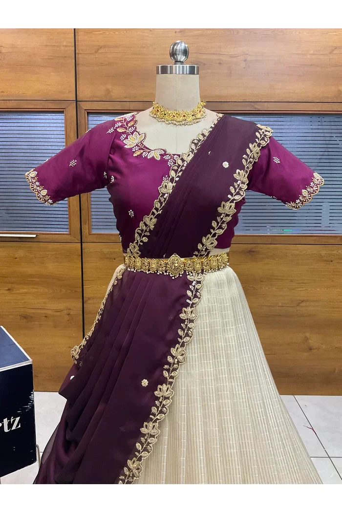 Beautiful South Indian Style Half Saree with Hand Work Blouse and Dupatta for Women | BiliPatra - Image 48