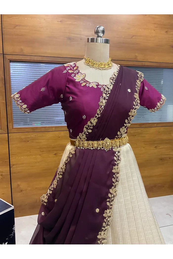 Beautiful South Indian Style Half Saree with Hand Work Blouse and Dupatta for Women | BiliPatra - Image 49