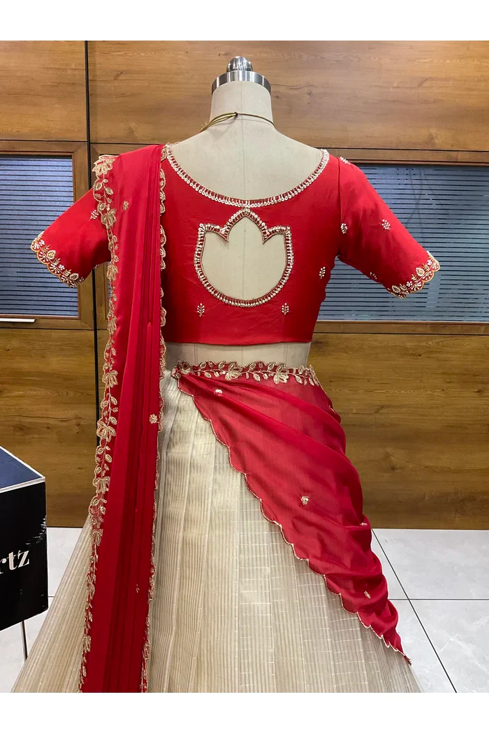 Beautiful South Indian Style Half Saree with Hand Work Blouse and Dupatta for Women | BiliPatra - Image 58