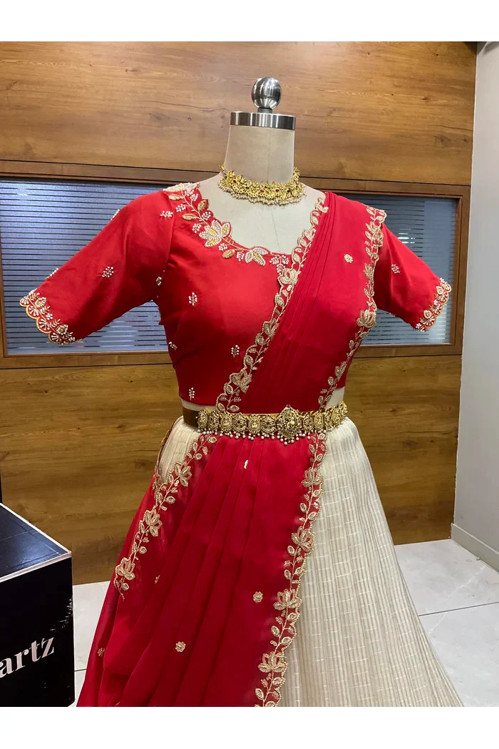 Beautiful South Indian Style Half Saree with Hand Work Blouse and Dupatta for Women | BiliPatra - Image 59