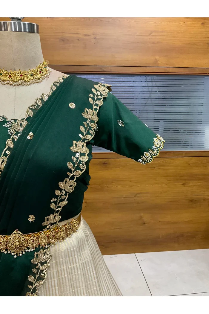 Beautiful South Indian Style Half Saree with Hand Work Blouse and Dupatta for Women | BiliPatra - Image 6