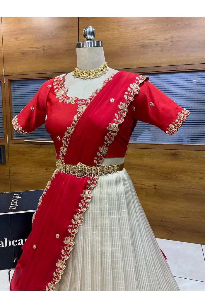 Beautiful South Indian Style Half Saree with Hand Work Blouse and Dupatta for Women | BiliPatra - Image 60