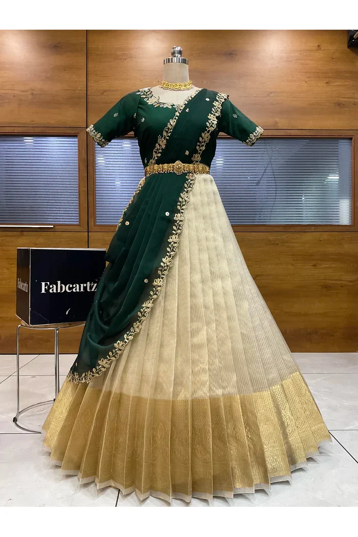 Beautiful South Indian Style Half Saree with Hand Work Blouse and Dupatta for Women | BiliPatra - Image 65