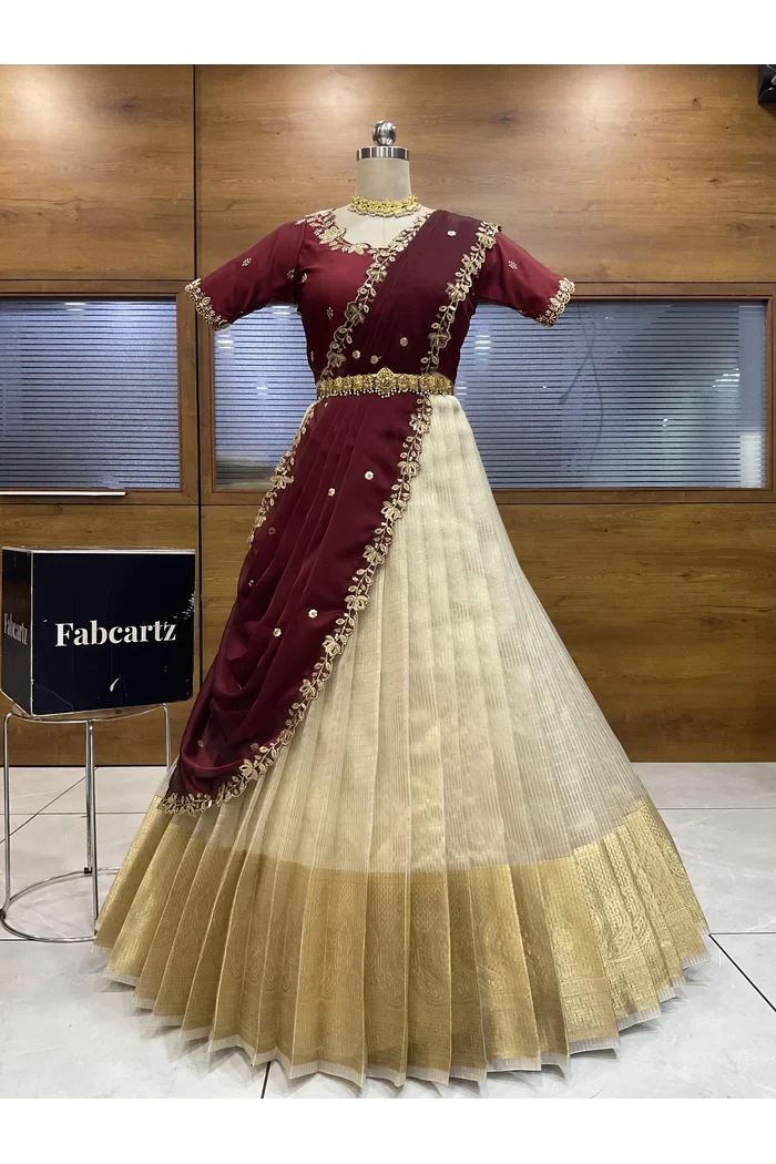 Beautiful South Indian Style Half Saree with Hand Work Blouse and Dupatta for Women | BiliPatra - Image 89