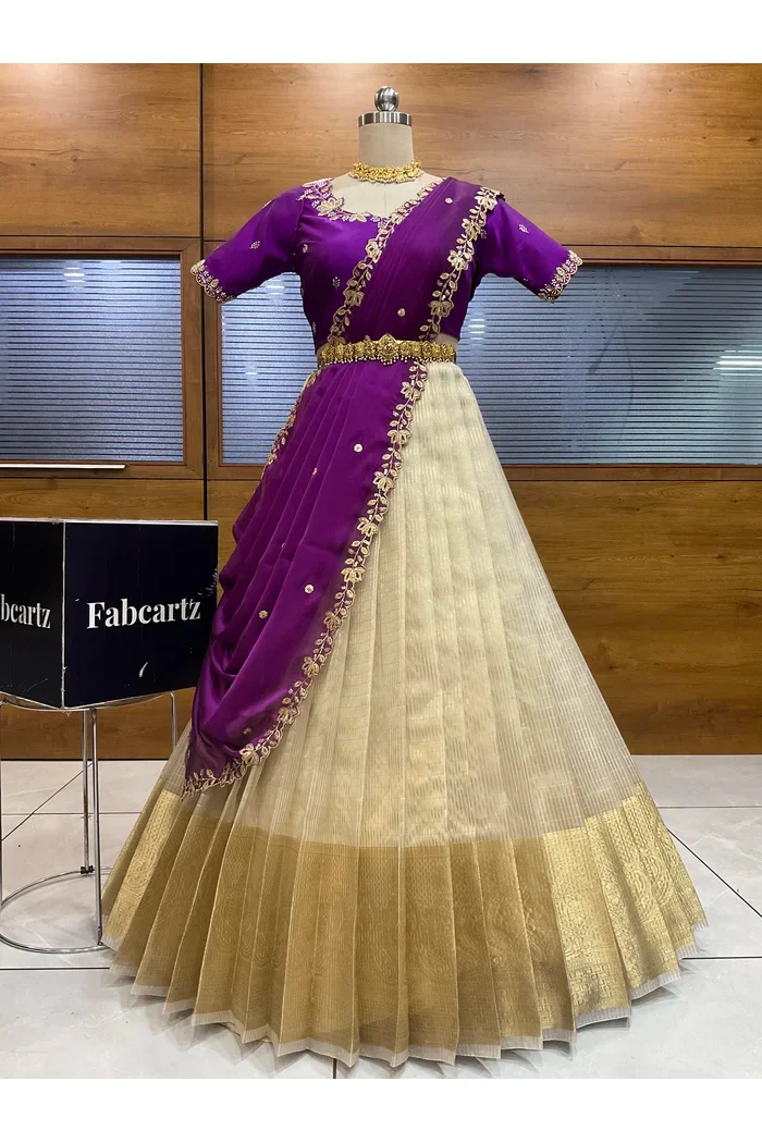 Beautiful South Indian Style Half Saree with Hand Work Blouse and Dupatta for Women | BiliPatra - Image 9