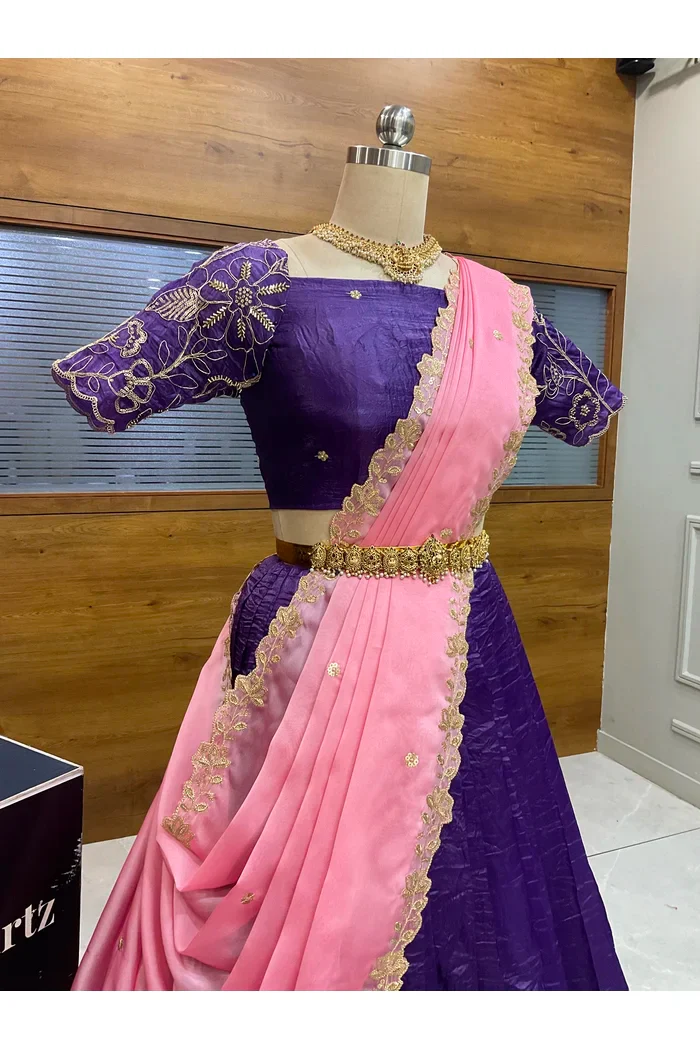 Beautiful South Indian Style Gold Crush Half Saree with Embroidery Blouse and Dupatta for Women | SitaRamam - Image 12