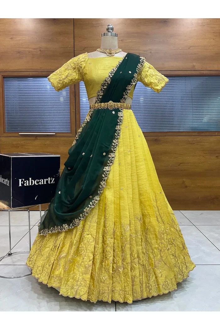 Beautiful South Indian Style Gold Crush Half Saree with Embroidery Blouse and Dupatta for Women | SitaRamam - Image 17