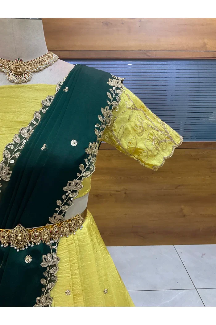 Beautiful South Indian Style Gold Crush Half Saree with Embroidery Blouse and Dupatta for Women | SitaRamam - Image 21