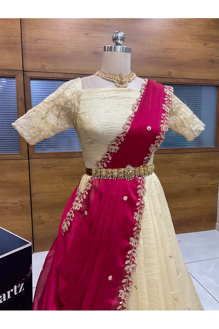 Beautiful South Indian Style Gold Crush Half Saree with Embroidery Blouse and Dupatta for Women | SitaRamam - Image 3