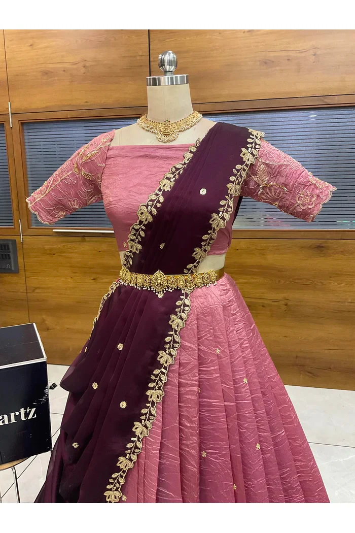 Beautiful South Indian Style Gold Crush Half Saree with Embroidery Blouse and Dupatta for Women | SitaRamam - Image 32