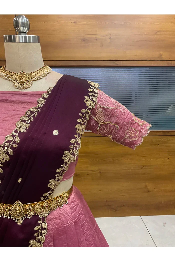 Beautiful South Indian Style Gold Crush Half Saree with Embroidery Blouse and Dupatta for Women | SitaRamam - Image 33