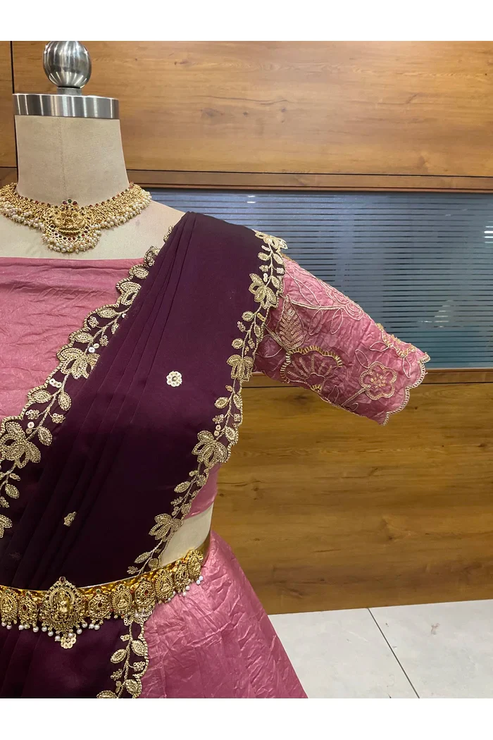 Beautiful South Indian Style Gold Crush Half Saree with Embroidery Blouse and Dupatta for Women | SitaRamam - Image 34