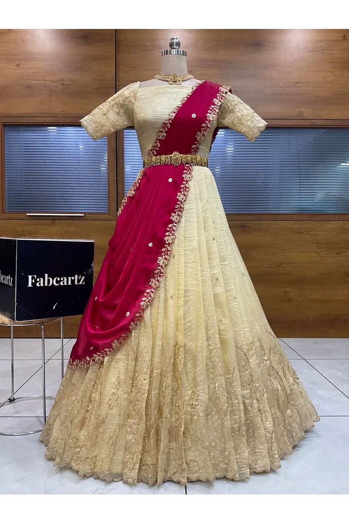 Beautiful South Indian Style Gold Crush Half Saree with Embroidery Blouse and Dupatta for Women | SitaRamam - Image 36