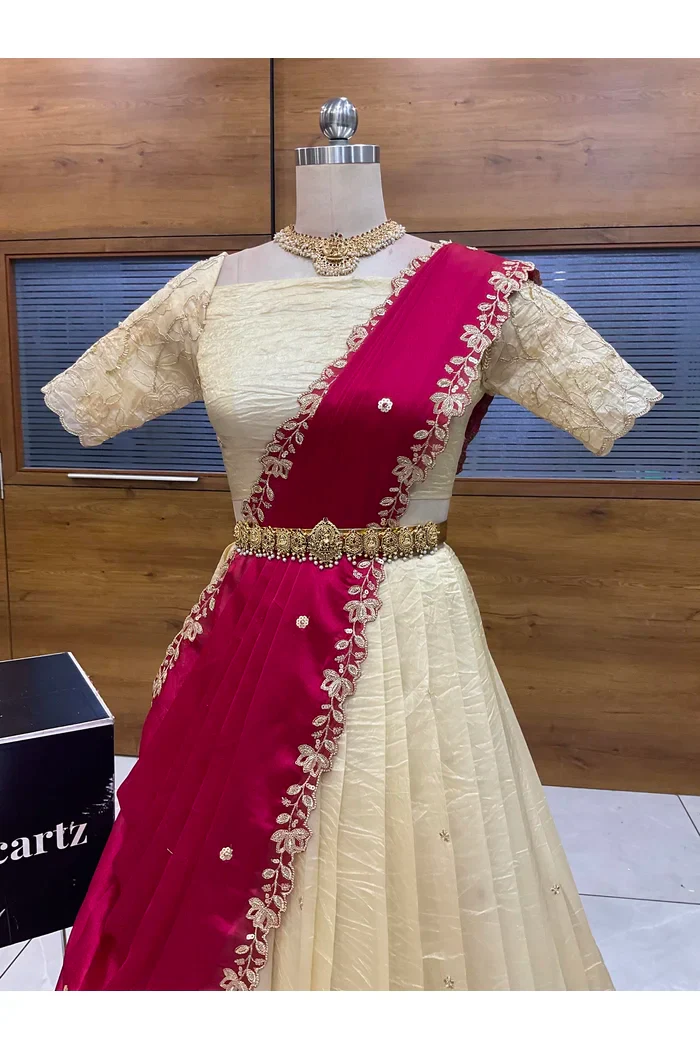 Beautiful South Indian Style Gold Crush Half Saree with Embroidery Blouse and Dupatta for Women | SitaRamam - Image 4