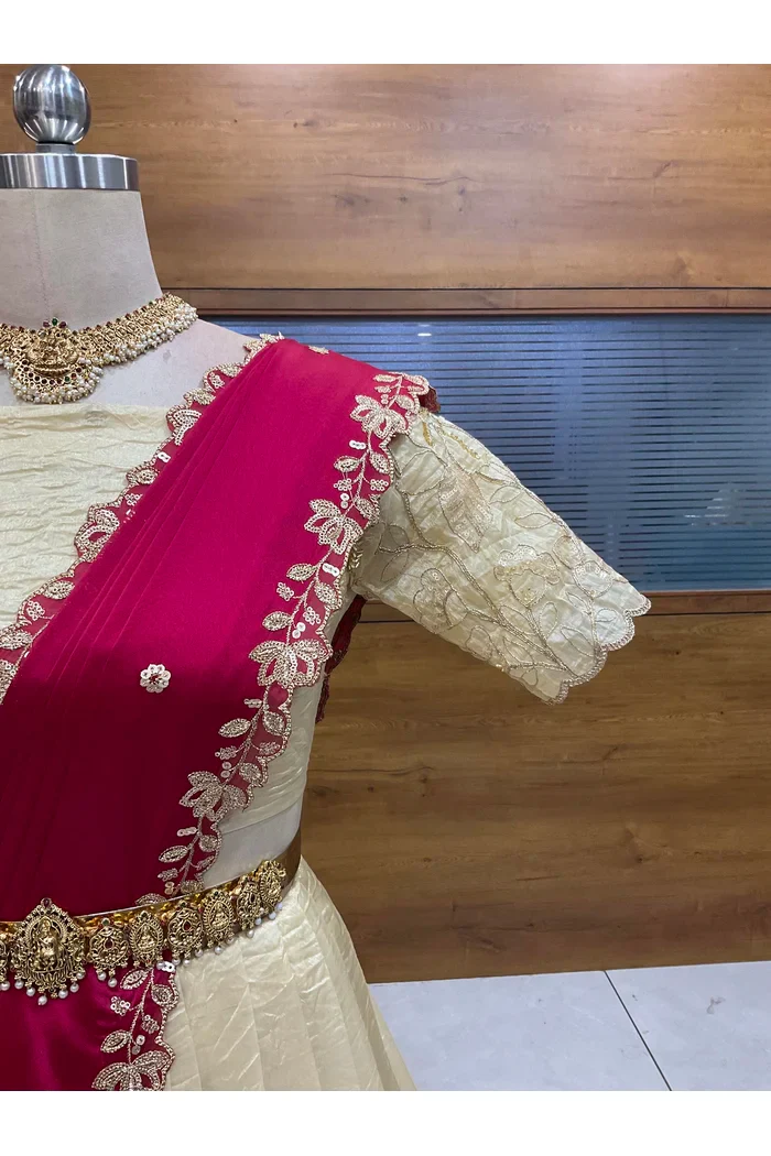 Beautiful South Indian Style Gold Crush Half Saree with Embroidery Blouse and Dupatta for Women | SitaRamam - Image 5
