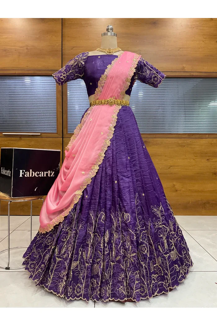 Beautiful South Indian Style Gold Crush Half Saree with Embroidery Blouse and Dupatta for Women | SitaRamam - Image 7