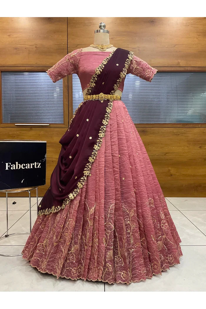 Beautiful South Indian Style Gold Crush Half Saree with Embroidery Blouse and Dupatta for Women | SitaRamam - Image 71