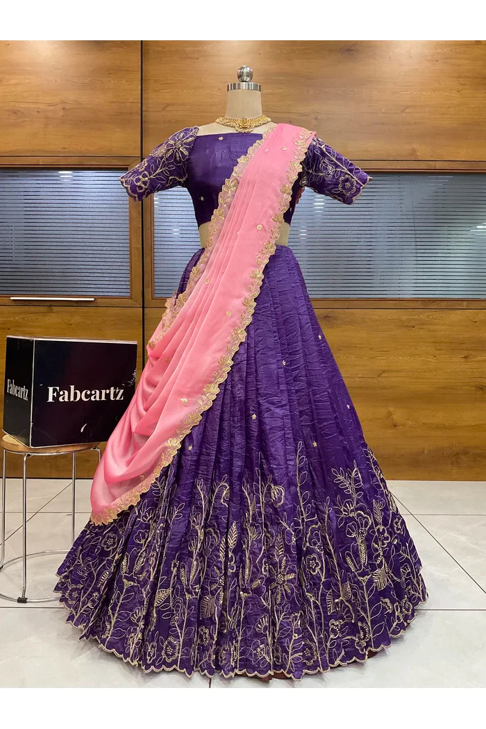 Beautiful South Indian Style Gold Crush Half Saree with Embroidery Blouse and Dupatta for Women | SitaRamam - Image 8