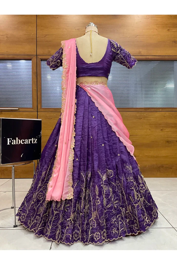 Beautiful South Indian Style Gold Crush Half Saree with Embroidery Blouse and Dupatta for Women | SitaRamam - Image 9