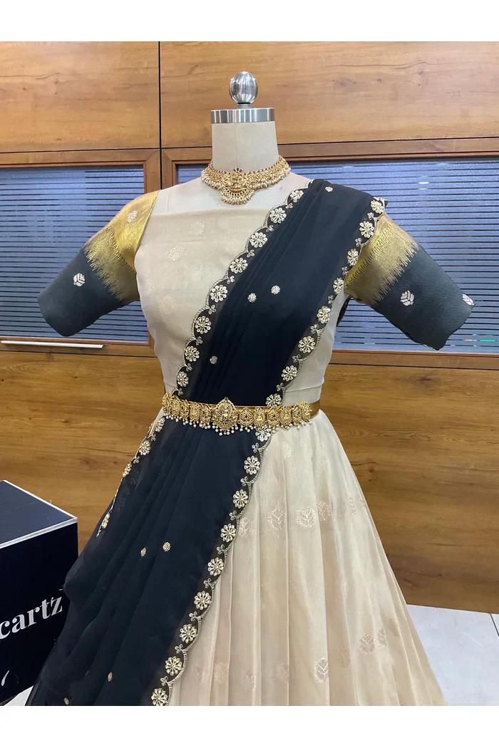 Beautiful South Indian Style Unstitch Half Saree with Blouse and Hand Work Rangoli Dupatta for Women | Dharani - Image 10