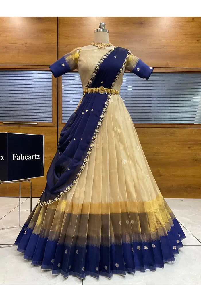 Beautiful South Indian Style Unstitch Half Saree with Blouse and Hand Work Rangoli Dupatta for Women | Dharani - Image 103