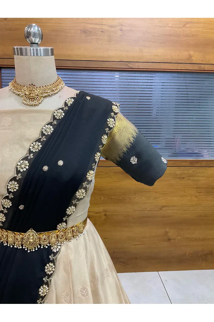 Beautiful South Indian Style Unstitch Half Saree with Blouse and Hand Work Rangoli Dupatta for Women | Dharani - Image 11