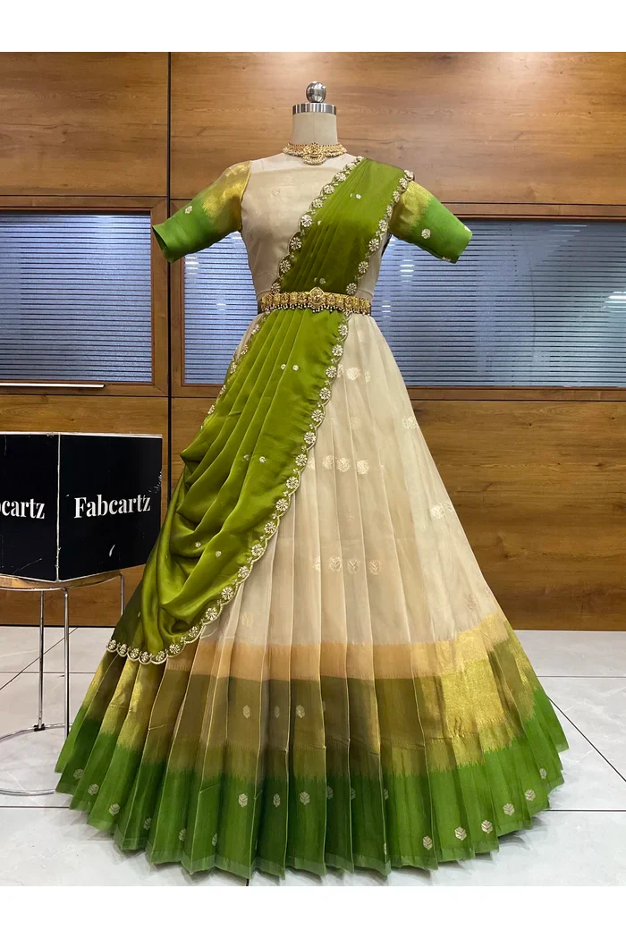 Beautiful South Indian Style Unstitch Half Saree with Blouse and Hand Work Rangoli Dupatta for Women | Dharani - Image 111