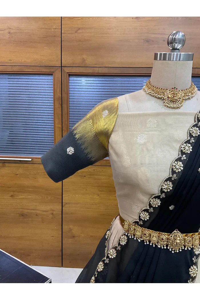 Beautiful South Indian Style Unstitch Half Saree with Blouse and Hand Work Rangoli Dupatta for Women | Dharani - Image 12