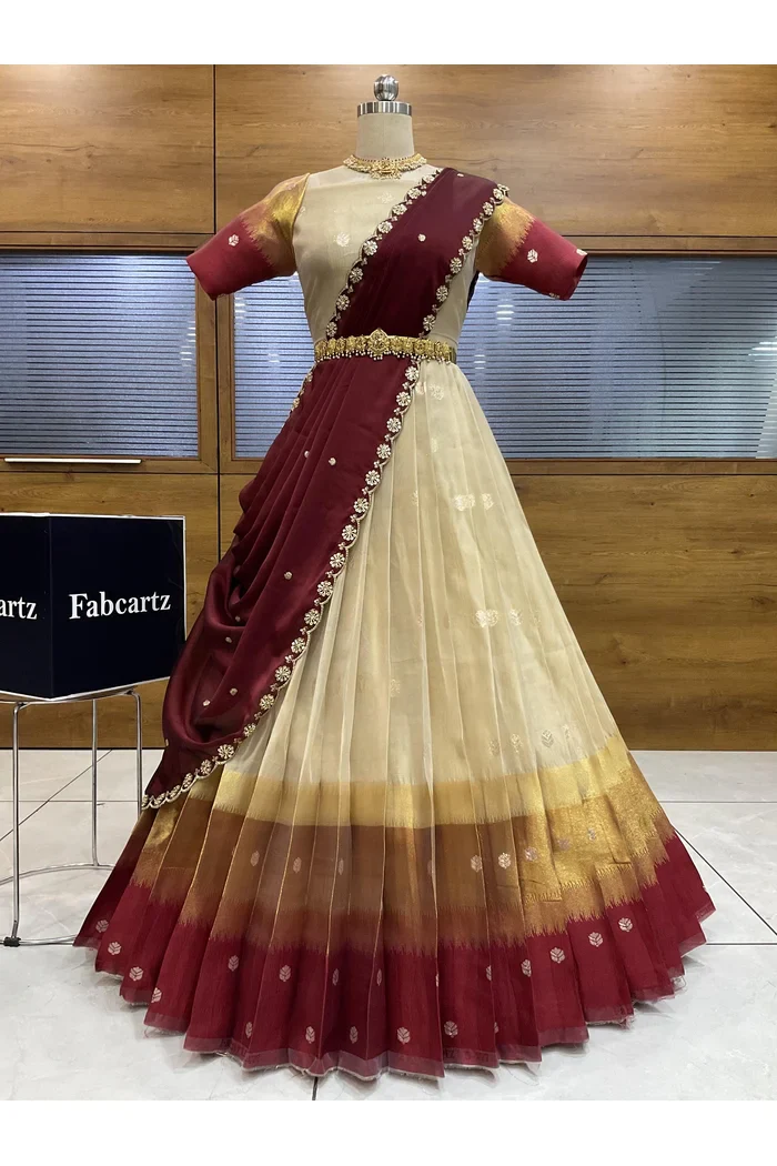 Beautiful South Indian Style Unstitch Half Saree with Blouse and Hand Work Rangoli Dupatta for Women | Dharani - Image 14
