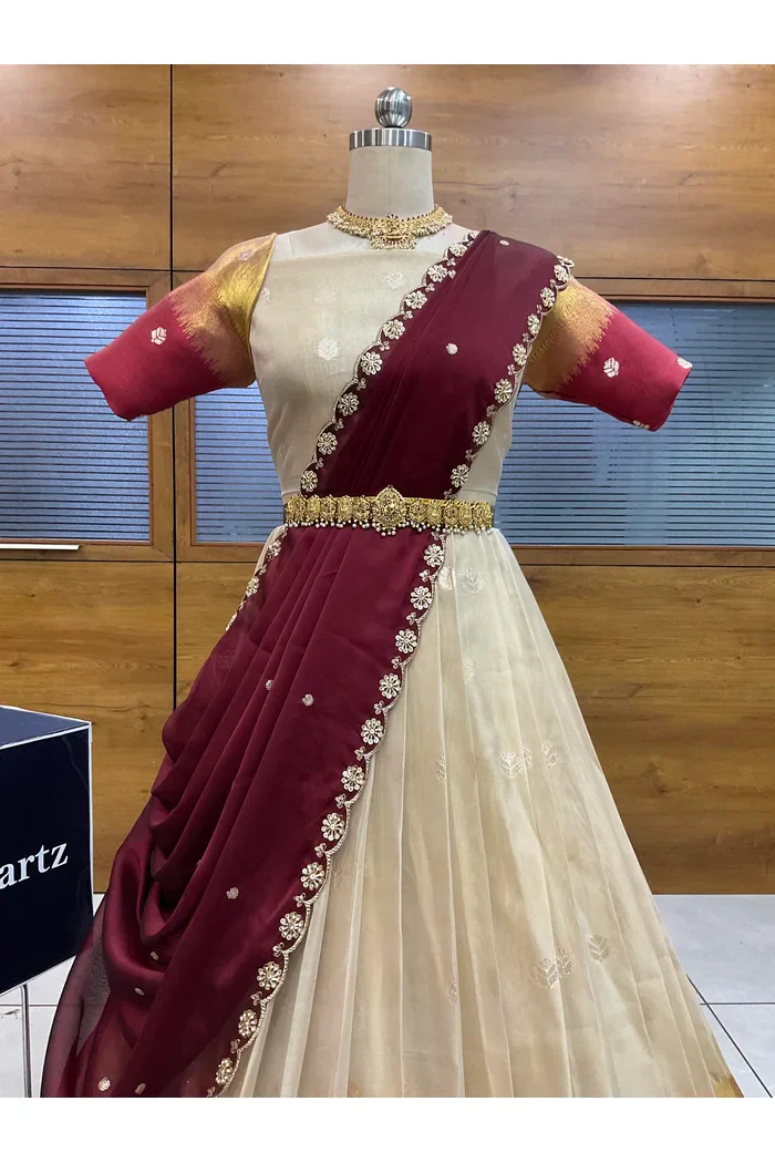 Beautiful South Indian Style Unstitch Half Saree with Blouse and Hand Work Rangoli Dupatta for Women | Dharani - Image 15