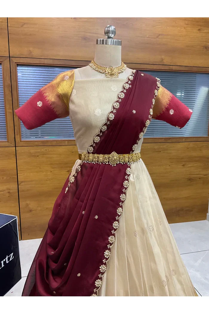 Beautiful South Indian Style Unstitch Half Saree with Blouse and Hand Work Rangoli Dupatta for Women | Dharani - Image 16