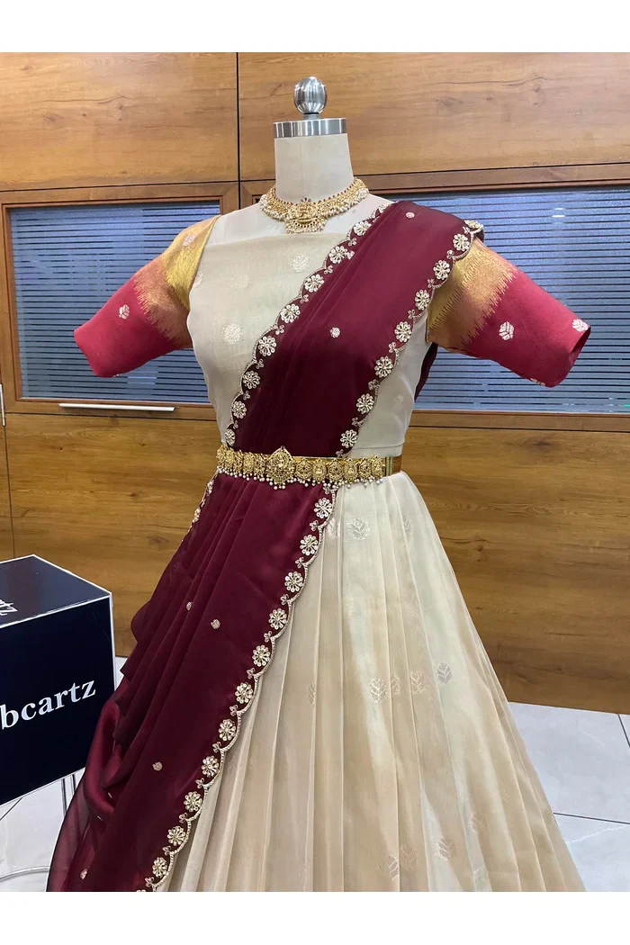 Beautiful South Indian Style Unstitch Half Saree with Blouse and Hand Work Rangoli Dupatta for Women | Dharani - Image 17