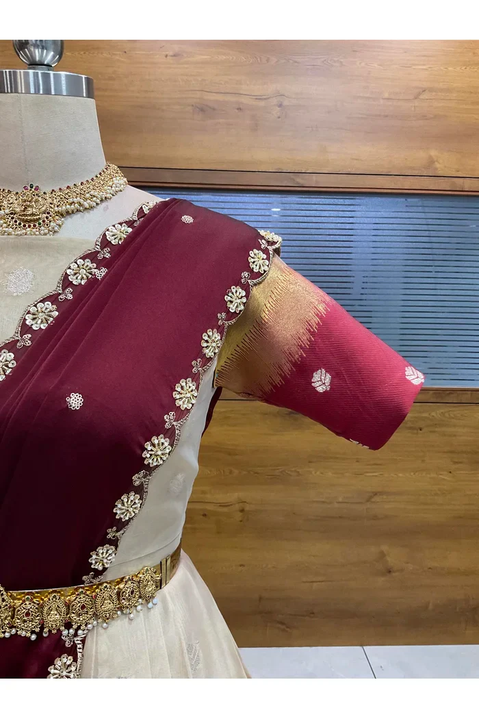 Beautiful South Indian Style Unstitch Half Saree with Blouse and Hand Work Rangoli Dupatta for Women | Dharani - Image 18