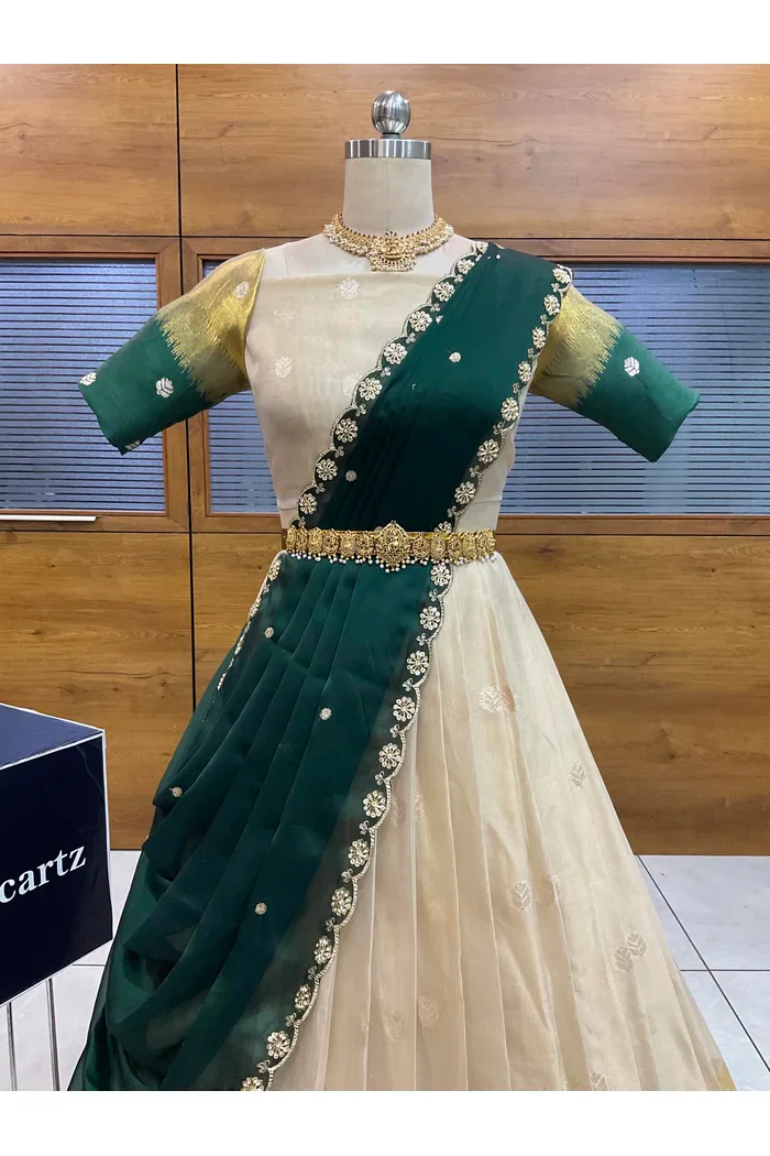 Beautiful South Indian Style Unstitch Half Saree with Blouse and Hand Work Rangoli Dupatta for Women | Dharani - Image 2