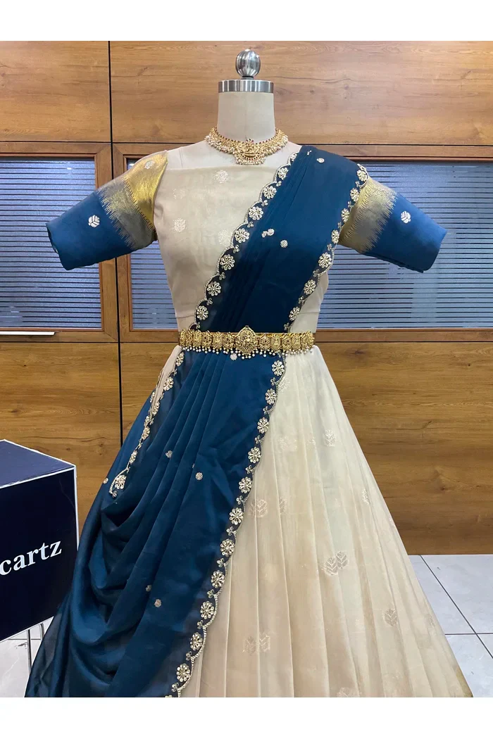 Beautiful South Indian Style Unstitch Half Saree with Blouse and Hand Work Rangoli Dupatta for Women | Dharani - Image 21