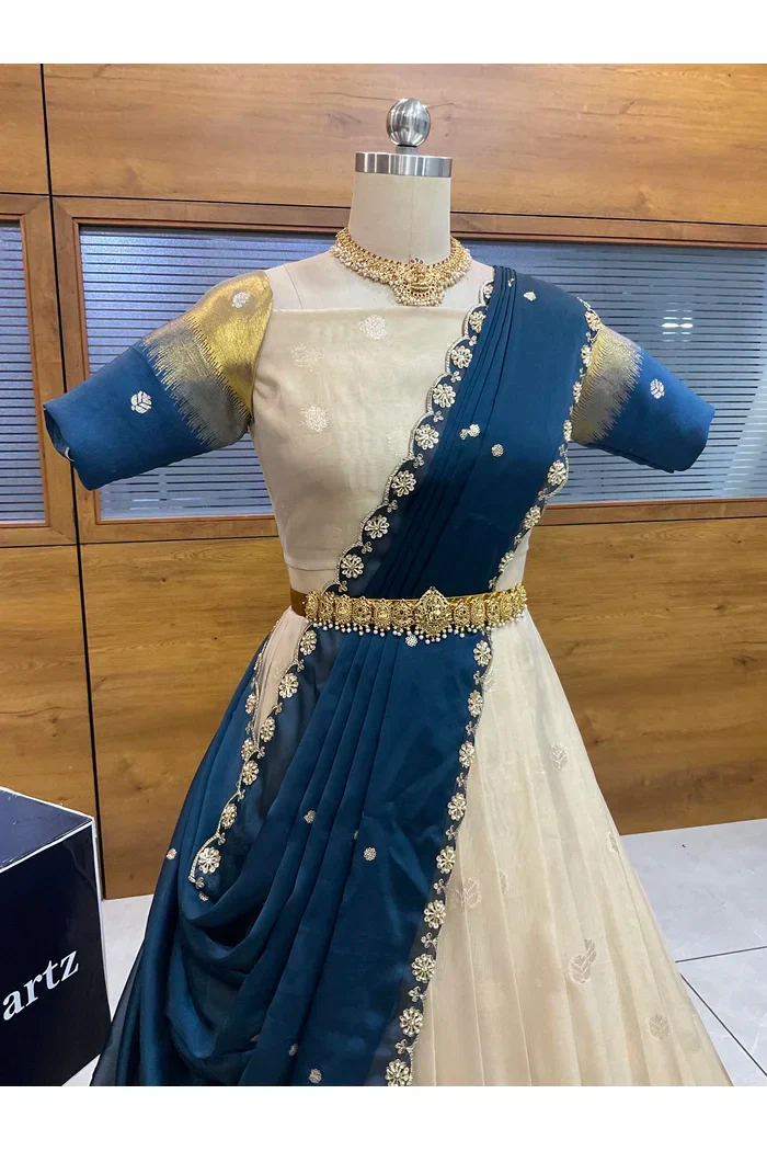 Beautiful South Indian Style Unstitch Half Saree with Blouse and Hand Work Rangoli Dupatta for Women | Dharani - Image 22