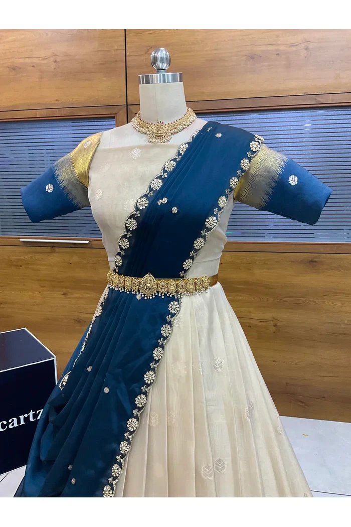 Beautiful South Indian Style Unstitch Half Saree with Blouse and Hand Work Rangoli Dupatta for Women | Dharani - Image 23