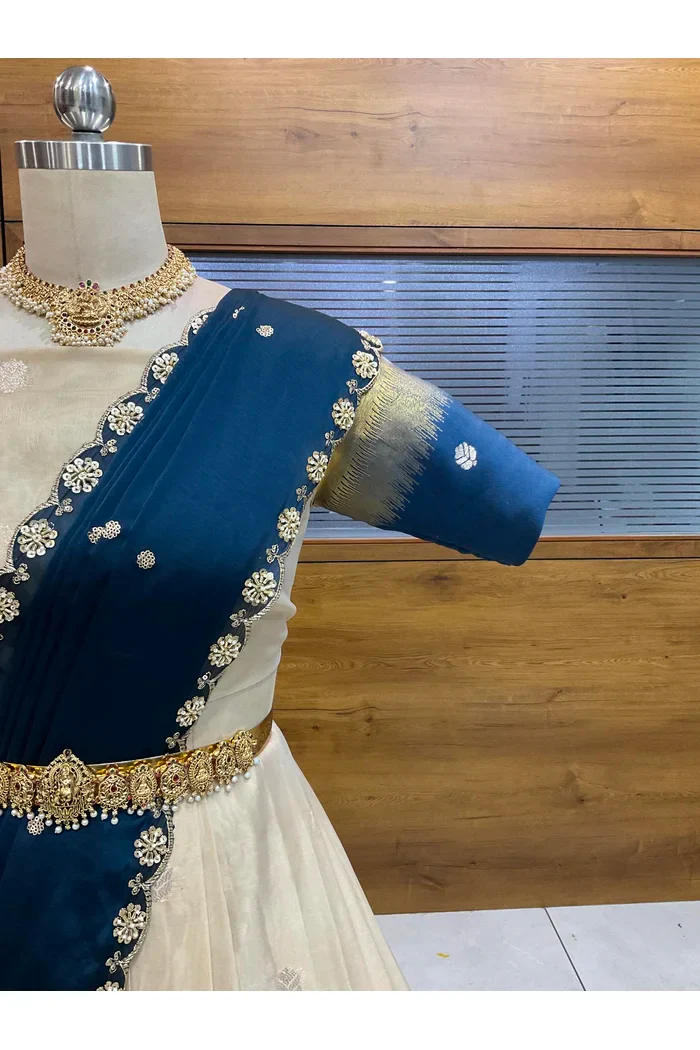 Beautiful South Indian Style Unstitch Half Saree with Blouse and Hand Work Rangoli Dupatta for Women | Dharani - Image 24