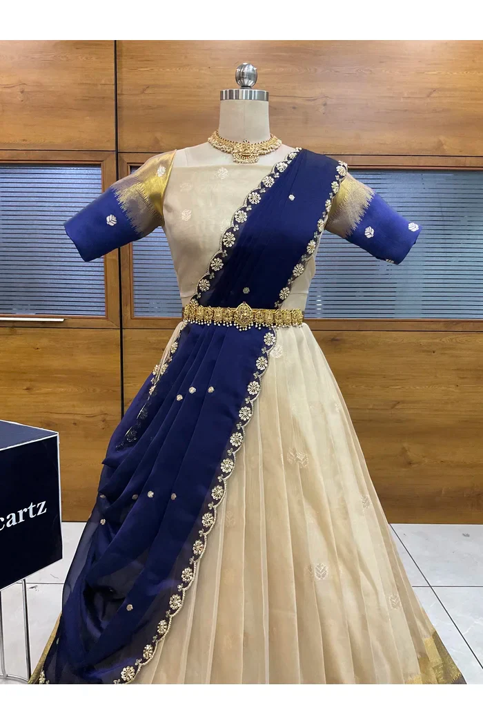 Beautiful South Indian Style Unstitch Half Saree with Blouse and Hand Work Rangoli Dupatta for Women | Dharani - Image 27