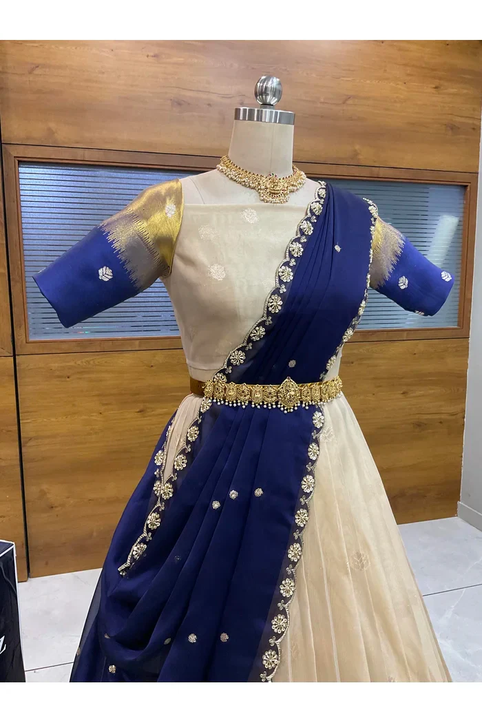 Beautiful South Indian Style Unstitch Half Saree with Blouse and Hand Work Rangoli Dupatta for Women | Dharani - Image 28