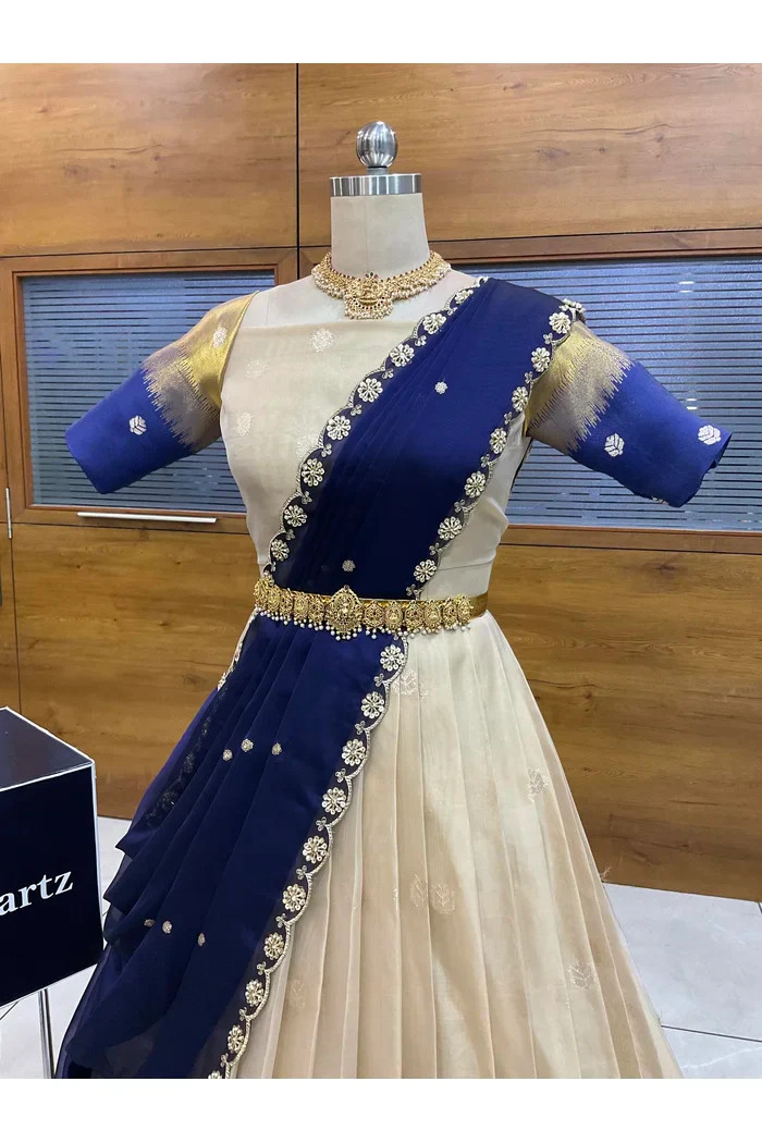 Beautiful South Indian Style Unstitch Half Saree with Blouse and Hand Work Rangoli Dupatta for Women | Dharani - Image 29
