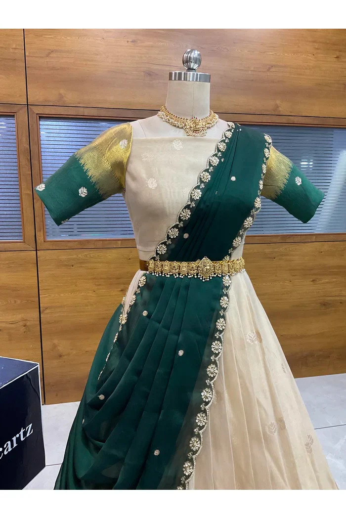 Beautiful South Indian Style Unstitch Half Saree with Blouse and Hand Work Rangoli Dupatta for Women | Dharani - Image 3