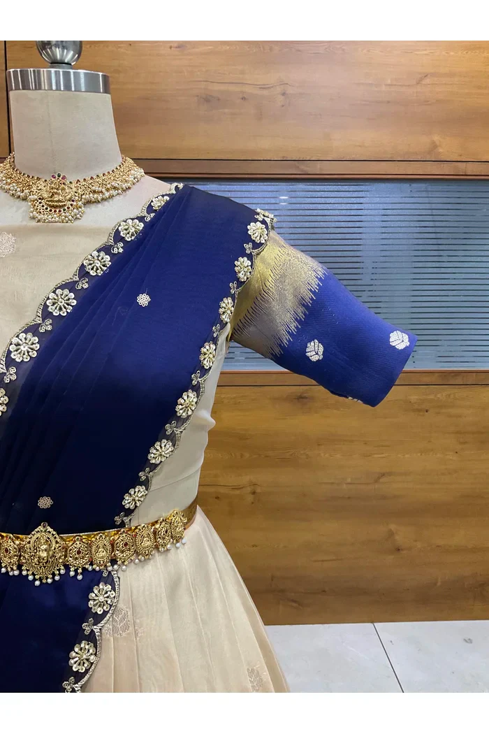 Beautiful South Indian Style Unstitch Half Saree with Blouse and Hand Work Rangoli Dupatta for Women | Dharani - Image 30