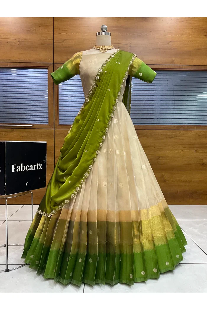Beautiful South Indian Style Unstitch Half Saree with Blouse and Hand Work Rangoli Dupatta for Women | Dharani - Image 33