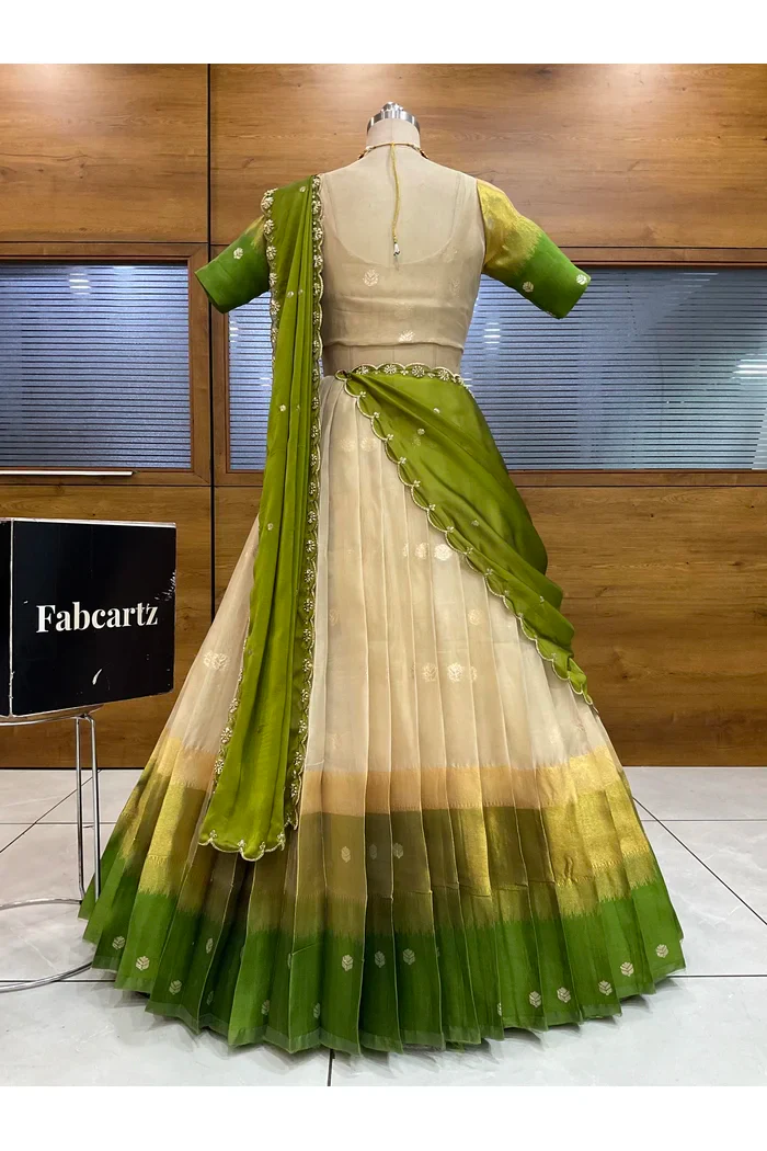 Beautiful South Indian Style Unstitch Half Saree with Blouse and Hand Work Rangoli Dupatta for Women | Dharani - Image 34