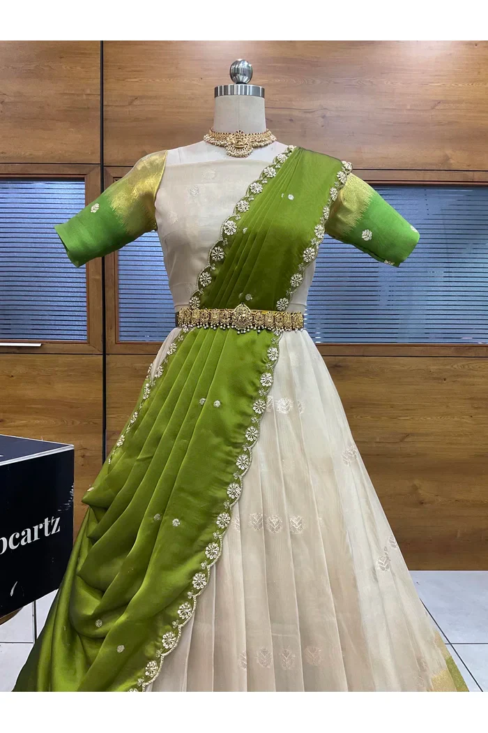 Beautiful South Indian Style Unstitch Half Saree with Blouse and Hand Work Rangoli Dupatta for Women | Dharani - Image 35