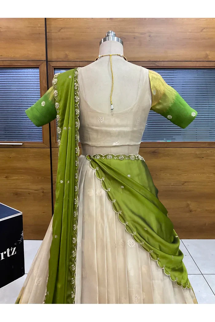 Beautiful South Indian Style Unstitch Half Saree with Blouse and Hand Work Rangoli Dupatta for Women | Dharani - Image 36