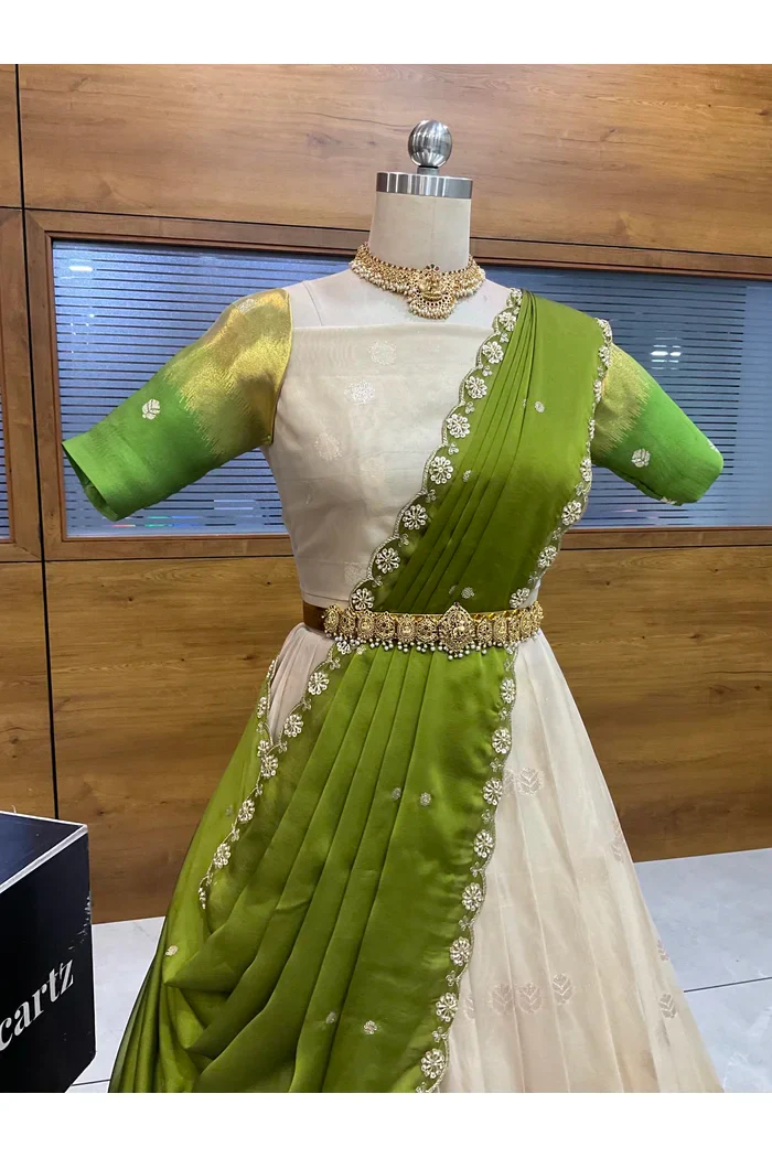Beautiful South Indian Style Unstitch Half Saree with Blouse and Hand Work Rangoli Dupatta for Women | Dharani - Image 37