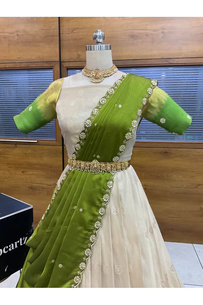 Beautiful South Indian Style Unstitch Half Saree with Blouse and Hand Work Rangoli Dupatta for Women | Dharani - Image 38