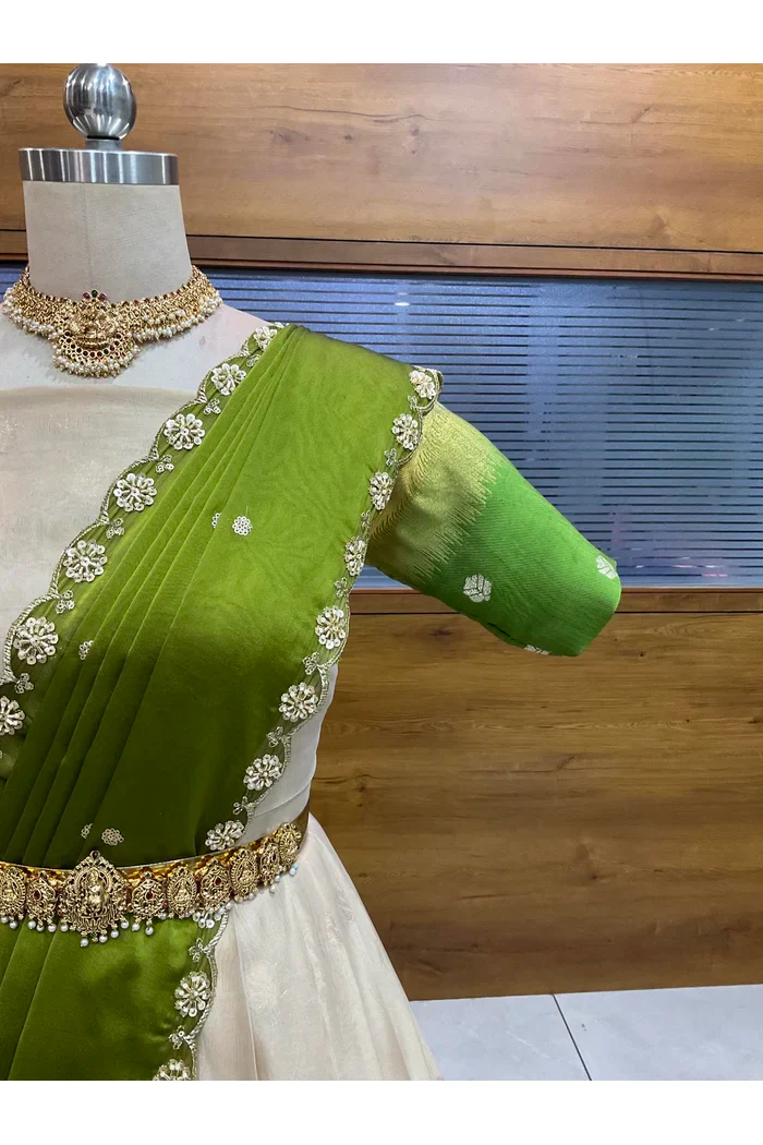 Beautiful South Indian Style Unstitch Half Saree with Blouse and Hand Work Rangoli Dupatta for Women | Dharani - Image 39